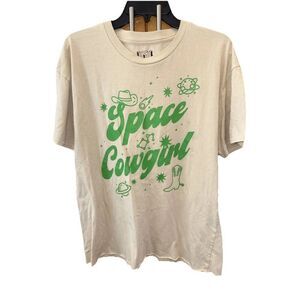 Isaac Morris T Shirt Women L Beige Space Cowgurl Boots Streetwear Cotton Blend
